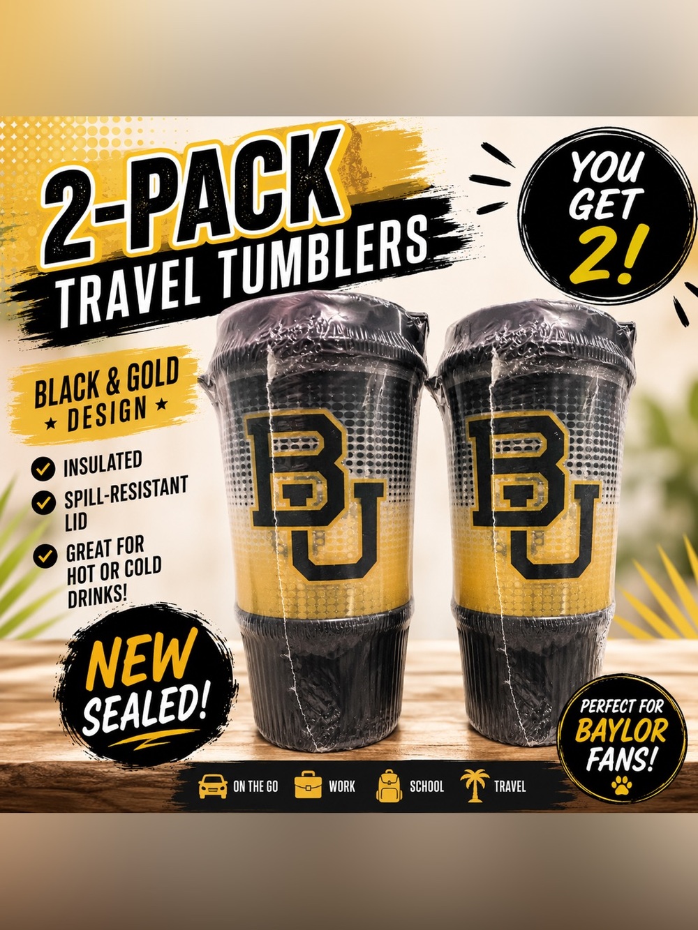 2- Officially Licensed Baylor University BU Whirley Travel Tumblers